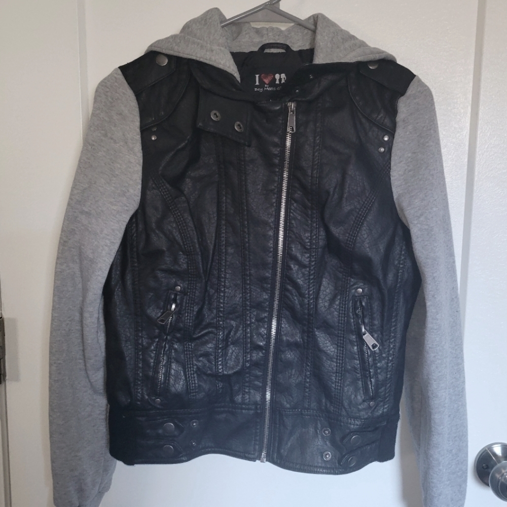 Hooded, faux leather jacket, size kids large or women's xs